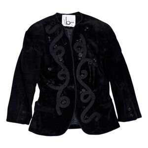 VINTAGE LEATHER SUEDE Beaded Black Business Casual Designer Jacket Womens Medium